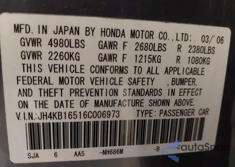 2006 Acura Rl 3.5 from USA, damaged, VIN JH4KB16516C006973